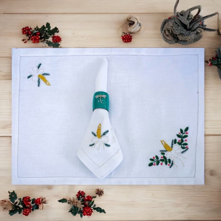 Christmas placemat & Napkin set-Candle embroidery